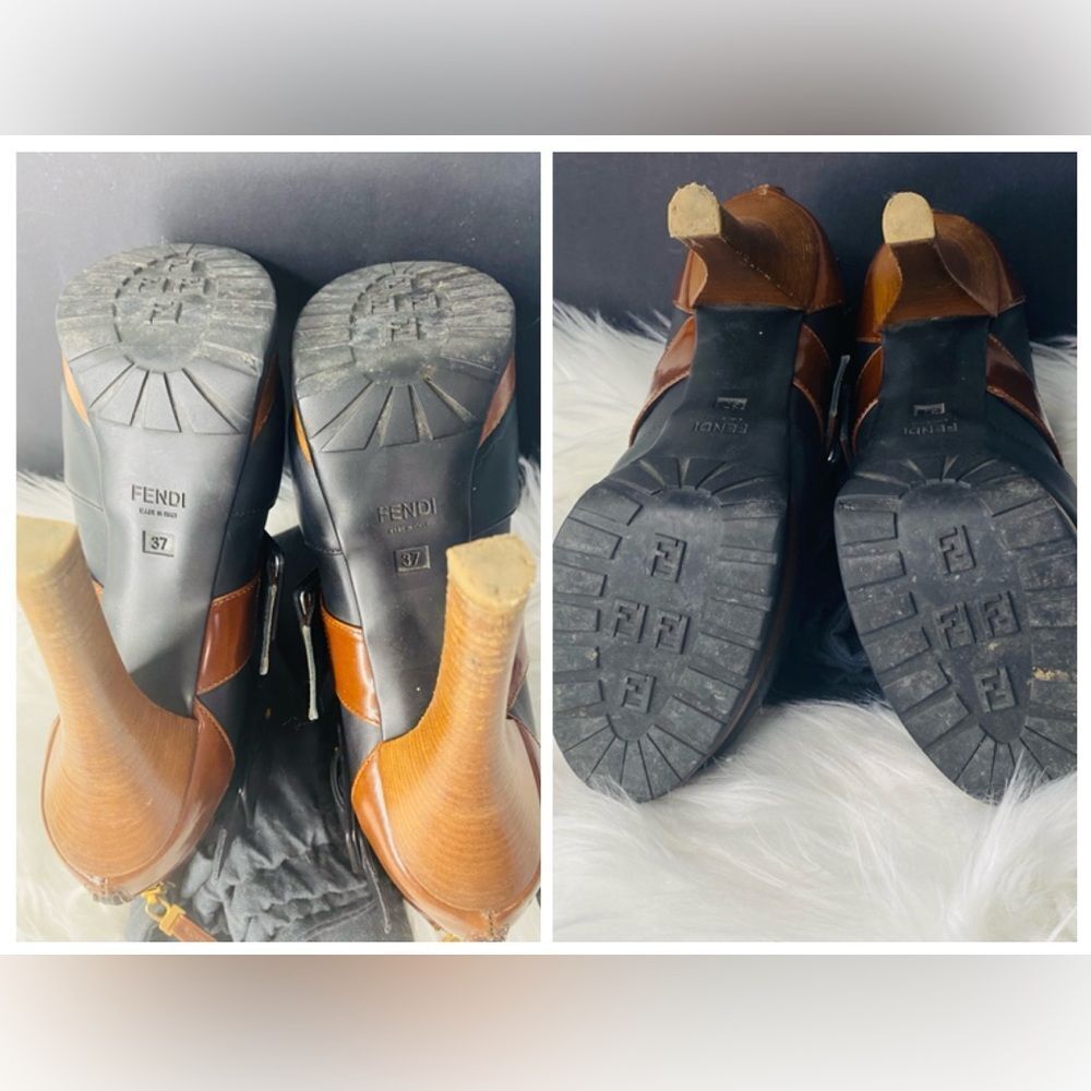 FENDI Moorland Authentic Black & Brown Leather Platform Ankle Boots Size 37 - Picture 15 of 17